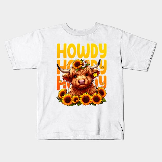 Kawaii Cow Howdy Highland Cow with Sunflowers Kids T-Shirt by hippohost